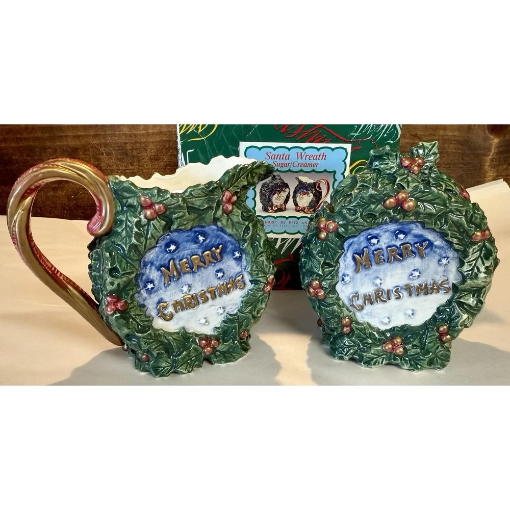 Rare Fitz & Floyd  Omnibus Santa Wreath Sugar & Creamer Set‎ - 4